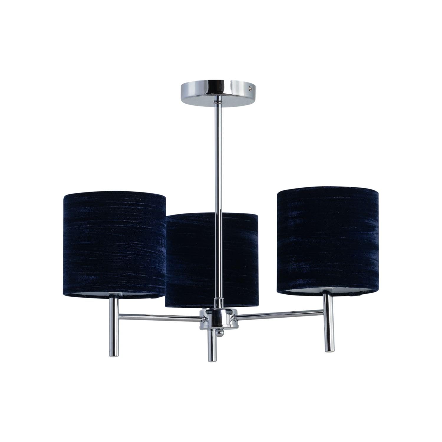 Firstchoicelighting Chrome & Blue Brea Chrome Ceiling Light Fitting With Navy Blue Crushed Velvet Shades, Led Compatible, Modern Semi Flush Design
