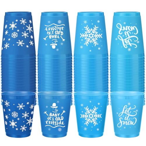 Image of Ziliny 60 Pcs Winter Plastic Cups Reusable Winter Snowflake Coffee Cups Tumblers Snow Holiday for Hot Cold Drinks Chocolate Beer Party New Year Holiday Supplies(16 oz)