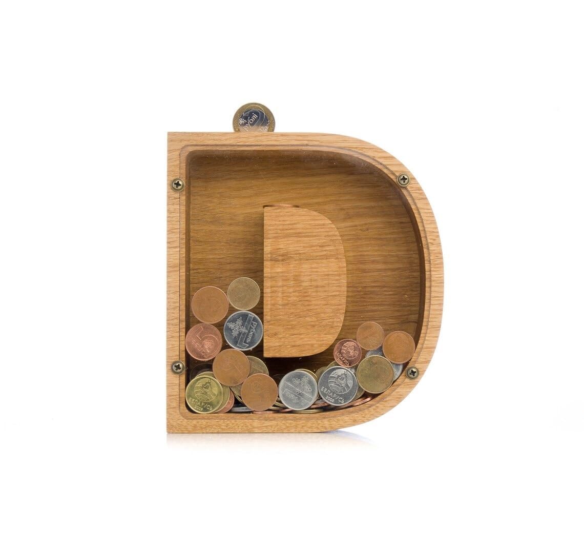 ANAIZA Wooden Alphabet Piggy Bank A to Z – Personalized Letter Coin Bank for Kids, Toddlers – Educational Montessori Toy – Durable Clear Front Money Box (D) 2