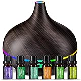 Diffuser with Essential Oils Included, 500ml Aromatherapy Diffuser with Essential Oil Set 6x10mL, 23dB Super Quiet Essential Oil Diffuser Gift Set with 14 Color Lights 4 Timers for Home Bedroom Office