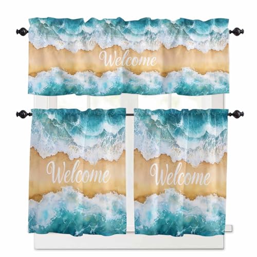 Coastal Beach Kitchen Curtains 24 Inch Length, 3 Piece Rod Pocket Small Half Tiers and Valance Set, Summer Ocean Wave Small Large Window Treatment Decor for Bedroom/Bathroom Sink