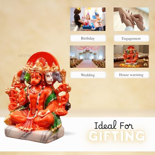 Image of Resin Hanuman Ji Murti Panchmukhi Hanuman For Door Entrance Temple Home & Office Decor Living Room Decoration Gift For New House Warming Ceramony Balaji Idol Evil Eye 6.3 cm Orange