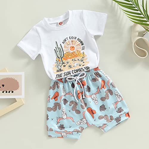 Summer Baby Boy Clothes Shorts Set Short Sleeve Beach Bum T-Shirt Tops Solid Drawstring Shorts 2Pcs Casual Outfit (Western The Sun Comes Up,18-24 Months)