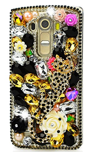 STENES Bling Phone Case Compatible with LG Optimus Zone 3 Case, Luxurious Crystal 3D Handmade Sparkle Diamond Rhinestone Clear Cover - Leopard Big Rose Flowers/Gold&Black