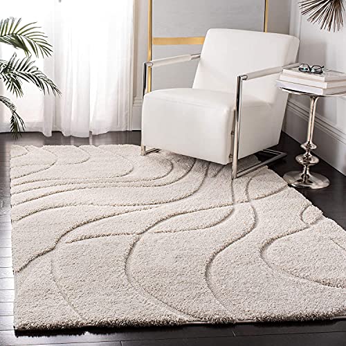 Image of Geometric Wave Shaggy Carpet for Living Room, Bedroom, High Low Design Finish Microfiber 1.8 Inch Pile High, 5x8 Feet Ivory|Ivory Color