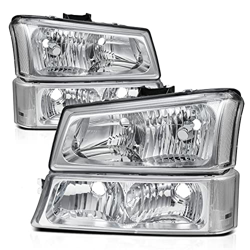 M-AUTO 4PCS Headlights Assembly Replacement for 03 04 Chevy Silverado 2500 / 03 04 05 06 Silverado 1500 1500HD 2500HD 3500 | 03 04 05 06 Avalanche 1500 2500, Chrome Housing Clear Lens Clear Corner
