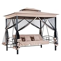 Outsunny 3 Seater Swing Chair Hammock Gazebo Patio Bench Cushioned Seat Mesh Curtains - Beige