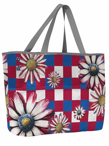 Mesh Beach Bag Oversized Tote Bags for Women 4th of July Daisy USA Flag Flower Large Travel Pool Bags with 8 Pockets
