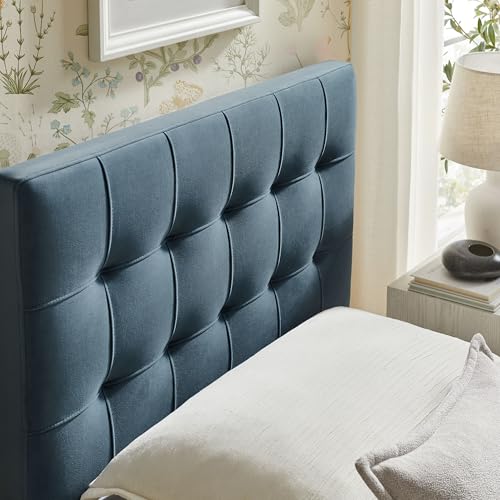 Image of Modway Lily Twin Size Stain-Resistant Performance Velvet Headboard in Cadet Blue - Velvet Upholstery with Button Tufting and 4 Adjustable Height Positions