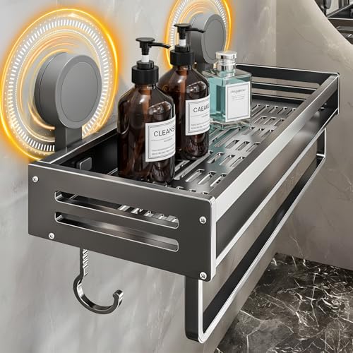 Vinnatsu調味料ラック 吸盤 強力 アルミニウム合金 調味料入れ 吸盤 棚 キッチン収納 浴室ラック 防水防錆 調味料ストッカー 壁掛け 調味料 置き 4個移動式フック 耐荷重10kg (40×13.3×5cm,ラック付き)