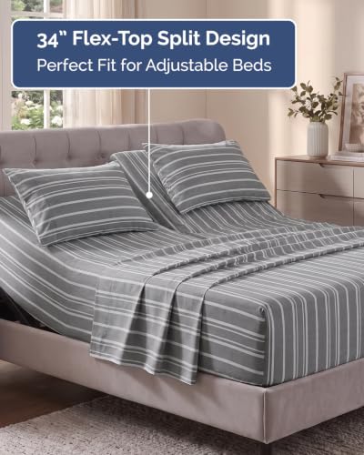 Image of Flex Top Split Head King Sheet Set - 4 Piece Extra Deep - Grey Stripes 3