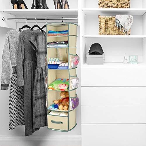 Smart Design 6-Tier Smart Carousel Organizer w/ 6 Pockets, Steel Metal Hook, & Foldable Drawer - 360 Degree Swivel - Clothing, Accessories, & Misc. Item Storage Organization (11 x 53.5 Inch) [Beige] - Thumbnail 2