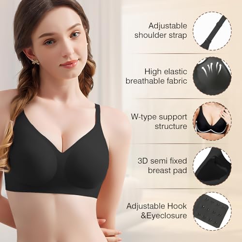 Image of Greoay Bras for Women Wireless Push Up Seamless Wire-Free Bras Full Support T-Shirt Bra V Neck Comfortable Adjustable Bra