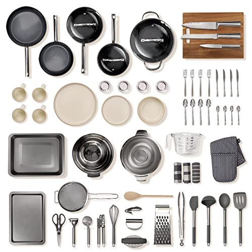 Noah Kit de Cocina Premium con Más de 70 Artículos con Sartenes Gris y Vajilla Blanquecino -...