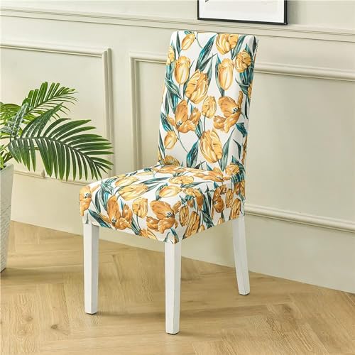 Image of Styleys Elastic Chair Cover Stretch Removable Washable Short Dining Chair Cover Protector Seat Slipcover (Set of 4, Orange Tulip, SD3210)