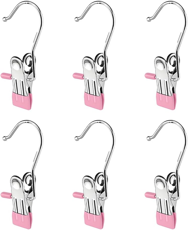 5 Pack Laundry Hanging Hooks, Stainless Steel Hanger Clips, Portable Single Hooks Space Saving, for Pants Jeans Clothes Hats Tall Towels (Pink - 4.13In)