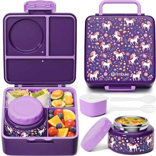 Fimibuke Bento Box for Kids Adult, BPA Free & Leakproof Toddler Lunch Box with 8.5oz Insulated Food Jar, Utensils & Sauce Jar, Dishwasher Safe 3 or 4 Compartment Container for School Girl Boy