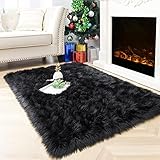 Noahas Luxury Fluffy Rugs Bedroom Furry Carpet Bedside Sheepskin Area Rugs Children Play Princess Room Decor Rug, 3ft x 5ft, Black
