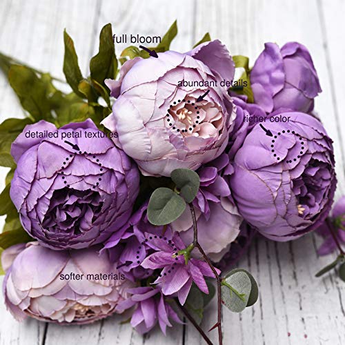 Image of FiveSeasonStuff Dusty Purple & Greenery Accents Artificial Peony Bouquet, Two Coordinating Faux Silk Flower Bundles with Hydrangeas