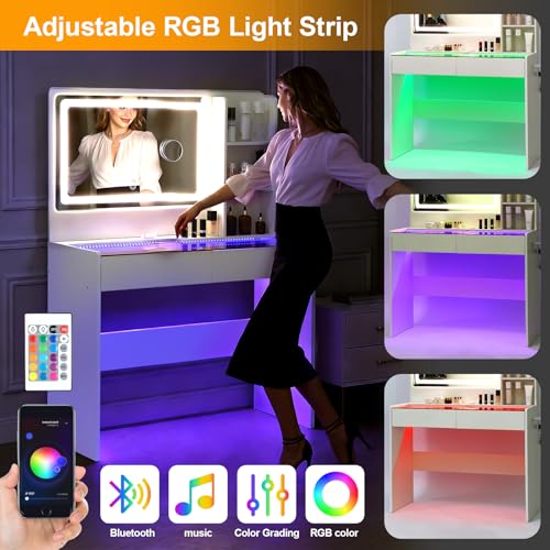 Image of Makeup Vanity Desk with LED Mirror & RGB Lights, Glass Top Vanity Table for Women, Adjustable Brightness & 3 Color Modes, 2 Drawers Storage, White Modern Bedroom Vanity Set