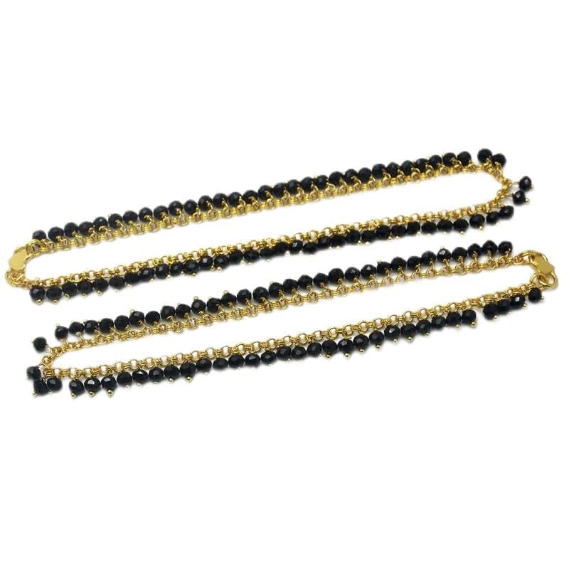 Image of Kollam Supreme Gold Plated Black Crystal Anklet, Pair of Anklets for Women