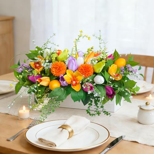Artificial Tulip & Dahlia Table Centerpiece Lifelike Faux Flowers with Decorative Lemons & Greenery, Spring & Summer Tabletop Decor for Dining Room, Kitchen Island, Coffee Table, Weddings & Home by Soomeir - Used condition - Image 6