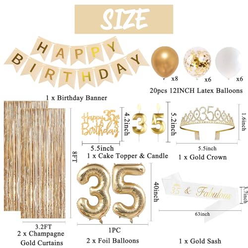 Image of Trgowaul 35th Birthday Decorations for Women, Banner, Sash and Crown, Cake Topper, 35 Number Balloon, Fringe Curtains, Champagne Gold 35th Birthday Party Supplies