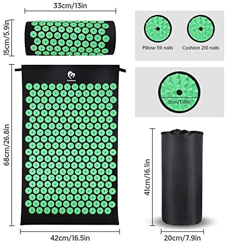 Acupressure Mat and Pillow Massage Set,Bellababy Acupuncture Mattress for Massage & Pain Relief & Stress Reduction with Carry Bag (Dark Green)