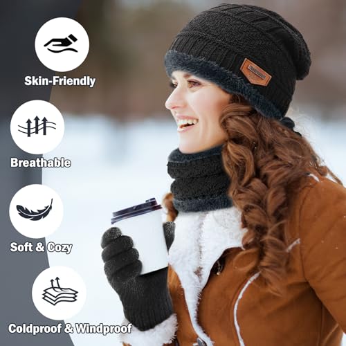 Trifabricy 3 Pcs Warm Fleece Lined Beanie Scarf Gloves Set for Women Men | Thick Fleece Lining Skull Cap Neck Warmer, Touchscreen Gloves, Soft Stretchy Knit , 3‑In‑1 Winter Accessory Set for Women Men - image 6