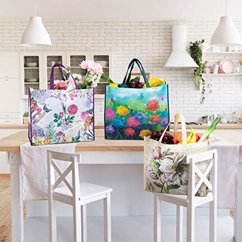 NymphFable 6 Pack Grocery Bags Reusable Peony Colorful Flowers Butterflies Shopping Bags Washable Foldable Large Tote Bag