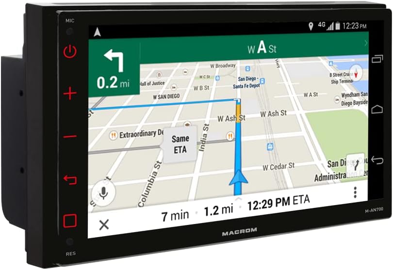 Navigation map displayed on the MACROM M-AN700 car stereo screen.