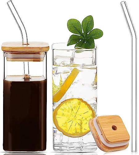 Image of ANKUL Glass Tumbler with Straw and Bamboo Lid 400ml, Glass Mason, Clear Coffee Mugs for Straw and Direct Drinking Mouth Dual Use, Travel Sipper Bottle (1, Square)