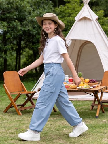 Image of Rolanko Girls Cargo Pants Wide Leg Streetwear Kids Pants with Pockets Trendy Jogger Trousers 4-14 Years