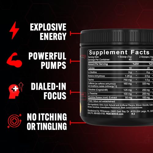 Image of PEScience Prolific Pre Workout Powder for Men & Women with L-Citrulline Nitric Oxide Booster, Energy Powder & Nootropic for Focus - Preworkout Without Beta Alanine - 40 Scoops, Mango Splash