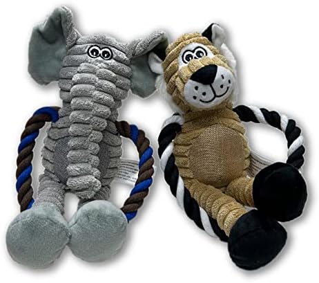 Fenice Squeaky Plush Rope Dog Toys,Dog Toy Stuffed Animal 2 Pack,Tug Toy with Stuffing, Rope Dog Toy with Squeakers, Medium/Large Dogs-Elephant and Lion