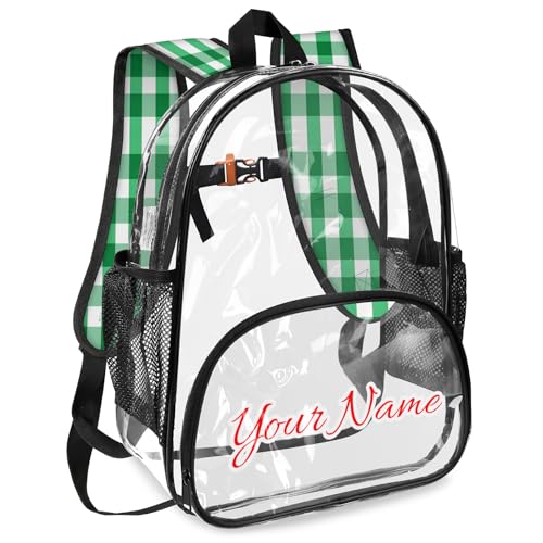 Personalized Large Clear Backpack Stadium Approved Heavy Duty PVC Plastic Custom Green and White Checkered Transparent Backpacks See Through Bag with Name, Plaid Design2