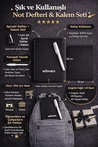 Siyah Spiralli Defter, A5 Çizgisiz Premium Not Defteri, 1 Adet Hediye Beyaz Jel Kalem, Ofis ve Okul İçin Şık Tasarım, Yazı Yazma, Çizim, Not Tutma İçin Mükemmel Hediye Seti - Görsel 2