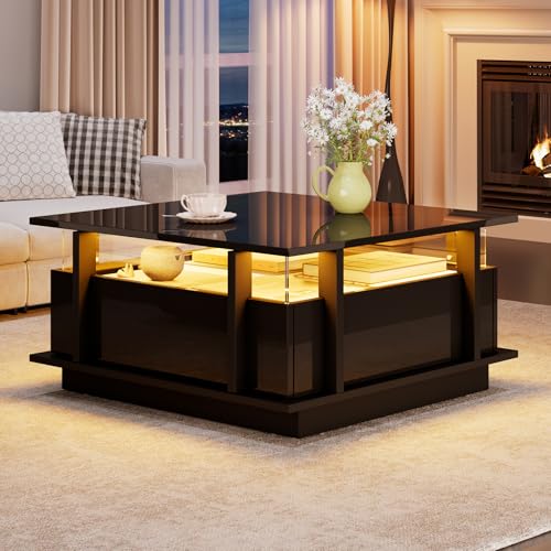 Yihomfy Table Basse,Table Salon Basse,Table Basse Carrée-70x70x35 cm-Table Basses Moderne avec Éclairage LED Multicolore, 2 Tiroirs de Rangement et Panneaux...