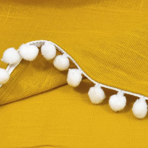 Image of THE LINEN COMPANY Sheer Curtains Cotton Curtains with Pom Pom Lace Rod Pocket Window Curtains Light Filtering Transparent Net Curtains for Window Curtains Mustard 7 Ft Pack of 2