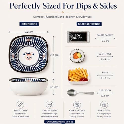 Image of Japanese Ceramic Dip Bowl Set of 6 | 200ml Small Square Sauce Bowls for Soy Sauce, Chutney, Snacks & Sushi Sides | Premium Stackable Dishwasher Safe Serving Bowls (Indigo Ray)