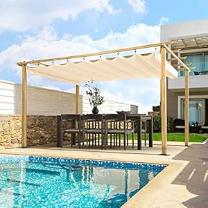 HAPPATIO 10 X 13 Retractable Pergola Canopy for Backyard Garden Patio Woodgrain Look Aluminum Pergola with Retractable Canopy Includes Anchors and Expansion Screws Beige
