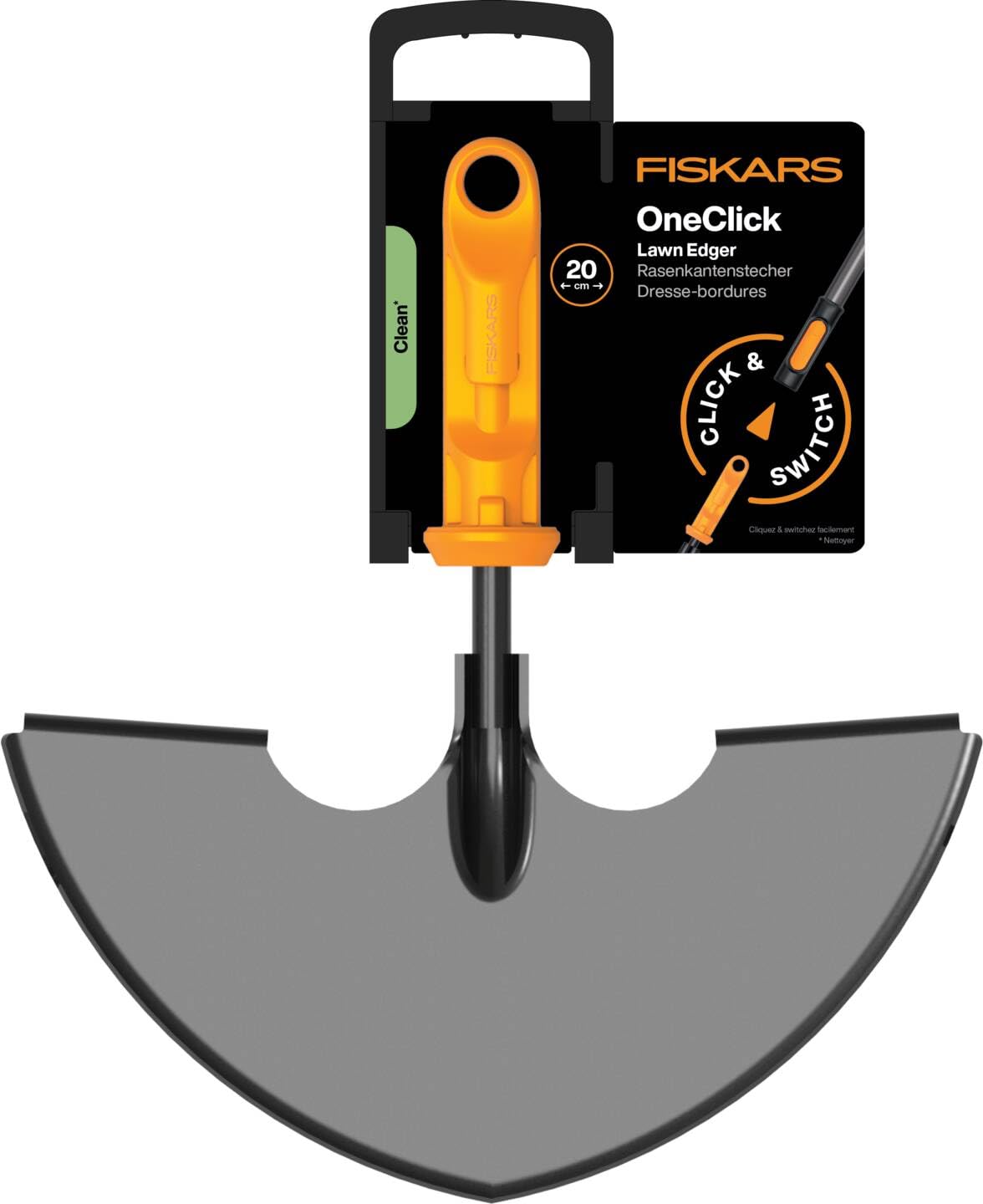Fiskars OneClick Rasenkantenstecher, Aufsatz für saubere Rasenkanten, Müheloses Wechseln mit nur einem klick, Langlebige Borstahlklinge, Schwarz/Orange, 1080689