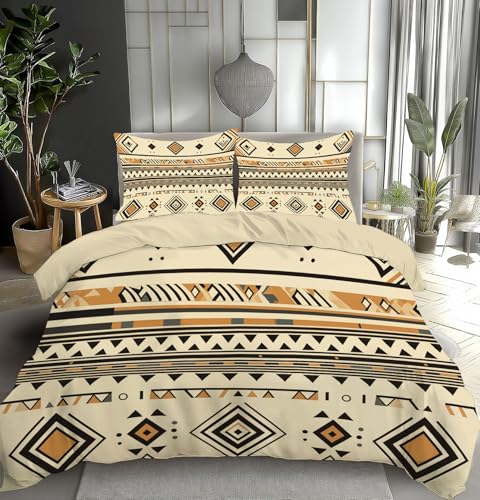 Linge de lit imprimé triangle carré aspect géométrie bordure ton terre
