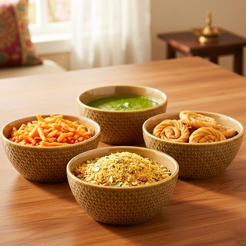Image of The Earth Store Caramel Embossed Ceramic Bowl Set of 2 - 500ML Each | Ceramic Mixing Bowls for Snacks, More | Rice, Dal, Fruits, Salad | Microwave Safe Bowl Set | Perfect for Gifting & Daily Use