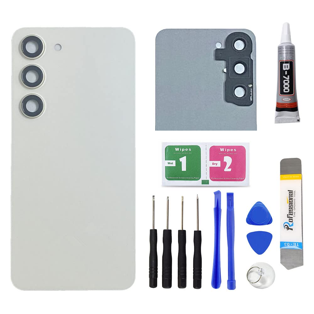 Replacement Repair Battery Back Glass Cover Back Housing Door Rear Panel for Samsung Galaxy S23 Plus S23+ SM-S916, with Tape and Tools (with Camera Lens) (White)