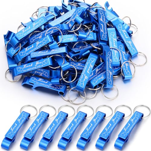 Dandat 100 Pcs Bottle Opener Keychain Bulk Personalized Thank You Wedding Favors for Guests Aluminum Wine Beer Opener Engraved Wedding Guest Gifts for Birthday Party Graduation Souvenirs(Blue)