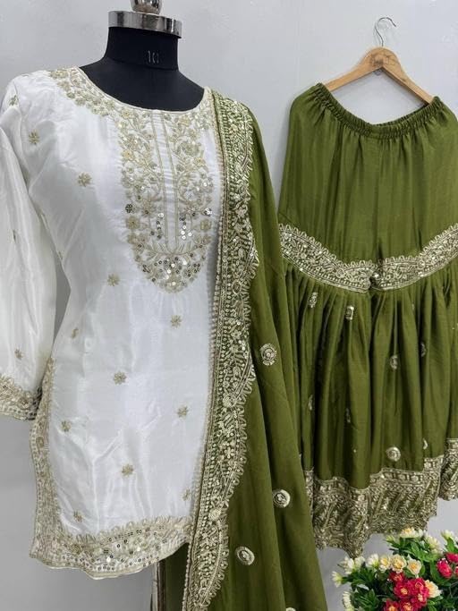 Image of Shishkala Women's Off-White Embroidered Kurta with Green Sharara & Dupatta Set - 3 /4 Sleeve, Round Neck, Above Knee Length | Party | Wedding