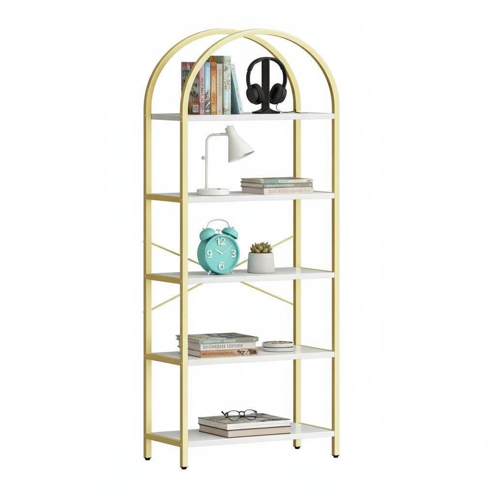 Libreria ad arco a 5 ripiani, alta 180 cm, con struttura in metallo dorato, scaffale autoportante in stile industriale per casa e ufficio.