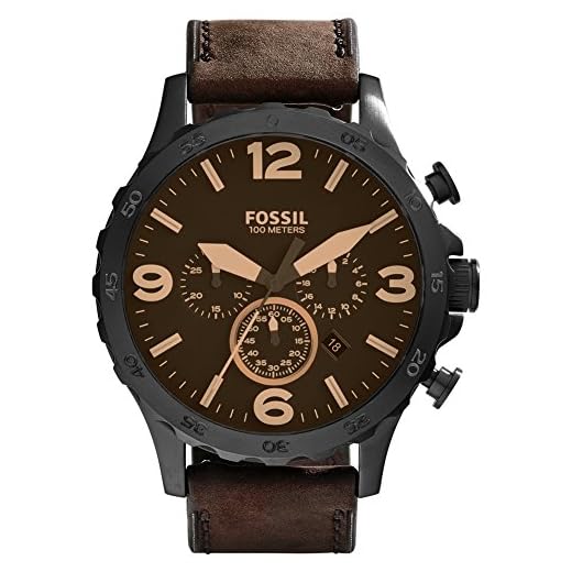 Fossil Reloj para hombre Nate, movimiento cronógrafo de cuarzo, caja de acero negro de 50 mm con correa de piel auténtica, JR1487