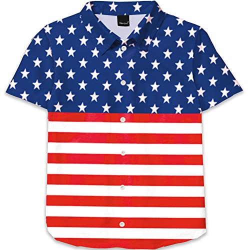 Image of Remimi Unisex Kids 4th of July Button Up Shirt Boys American Flag Print Hawaiian Beach Short Sleeve Tops 5-14 Years